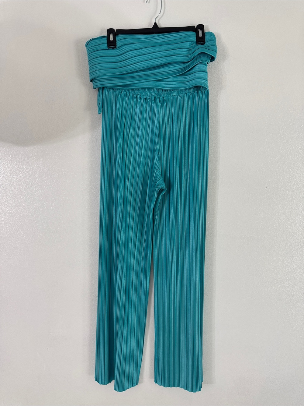 Oh Polly Pleated Wide-Leg Pants and multi wrap top set, teal, size xs/s